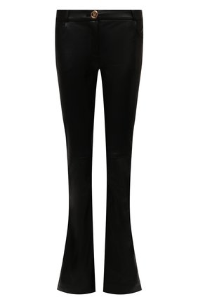 Женские кожаные брюки BALMAIN черного цвета, арт. VF0QI000/L110 | Фото 1 (Женское Кросс-КТ: Кожаные брюки, Брюки-одежда; Длина (брюки, джинсы): Удлиненные; Стили: Гранж; Силуэт Ж (брюки и джинсы): Расклешенные; Материал подклада: Синтетический материал; Материал внешний: Натуральная кожа)