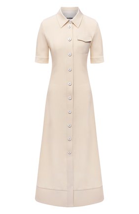 Женское платье из шерсти и вискозы JIL SANDER светло-бежевого цвета по цене 169500 руб., арт. JSWS506106-WS212600 | Фото 1 Женское платье из шерсти и вискозы JIL SANDER светло-бежевого цвета, арт. JSWS506106-WS212600 | Фото 1 (Материал подклада: Шелк; Женское Кросс-КТ: Платье-одежда, платье-рубашка; Длина Ж (юбки, платья, шорты): Миди; Материал внешний: Вискоза, Шерсть; Рукава: Короткие; Стили: Минимализм; Случай: Повседневный)