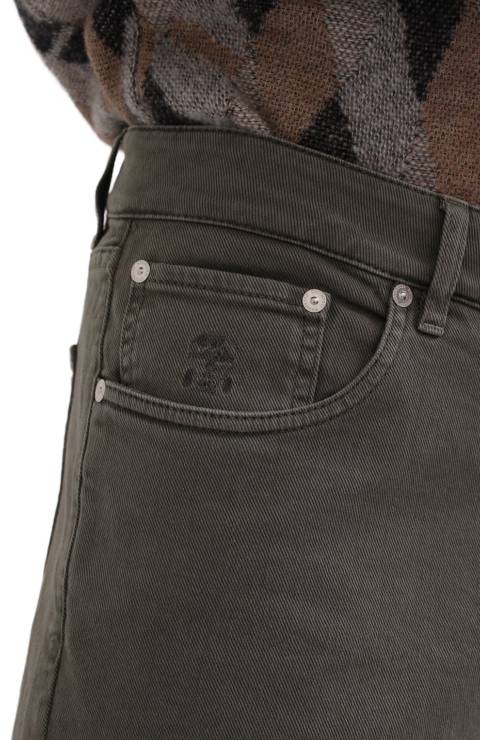 Мужские джинсы BRUNELLO CUCINELLI хаки цвета, арт. M277PD2210 | Фото 5 (Силуэт М (брюки): Прямые; Кросс-КТ: Деним; Длина (брюки, джинсы): Стандартные; Материал внешний: Хлопок, Деним; Стили: Кэжуэл)