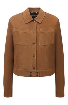 Женская замшевая куртка SAINT LAURENT светло-коричневого цвета по цене 286000 руб., арт. 652421/YCAU2 | Фото 1 Женская замшевая куртка SAINT LAURENT светло-коричневого цвета, арт. 652421/YCAU2 | Фото 1 (Длина (верхняя одежда): Короткие; Рукава: Длинные; Материал подклада: Купро; Стили: Кэжуэл; Женское Кросс-КТ: Замша и кожа; Кросс-КТ: Куртка; Материал внешний: Натуральная кожа)