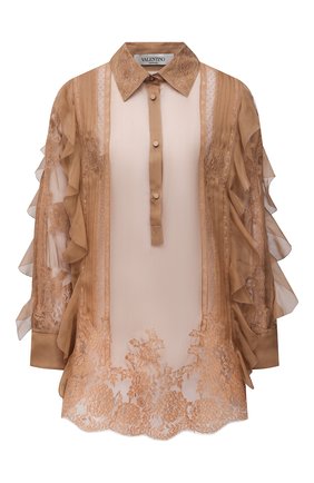 Женская шелковая блузка VALENTINO светло-коричневого цвета, арт. VB0AE5X52UP | Фото 1 (Длина (для топов): Удлиненные; Материал внешний: Шелк; Принт: С принтом; Рукава: Длинные; Женское Кросс-КТ: Блуза-одежда; Региональные ограничения белый список (Axapta Mercury): RU)
