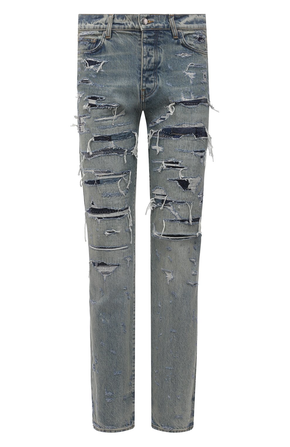 Мужские джинсы AMIRI синего цвета, арт. MDR001-405 | Фото 1 (Силуэт М (брюки): Прямые; Кросс-КТ: Деним; Длина (брюки, джинсы): Стандартные; Стили: Гранж; Материал внешний: Хлопок; Детали: Потертости)