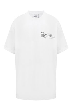 Женская хлопковая футболка VETEMENTS белого цвета по цене 24600 руб., арт. UA52TR120W 1602/W | Фото 1 Женская хлопковая футболка VETEMENTS белого цвета, арт. UA52TR120W 1602/W | Фото 1