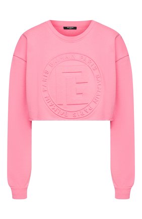 Женский пуловер из хлопка и кашемира BALMAIN розового цвета по цене 66800 руб., арт. VF2J0005/B038 | Фото 1 Женский пуловер из хлопка и кашемира BALMAIN розового цвета, арт. VF2J0005/B038 | Фото 1 (Стили: Спорт-шик; Женское Кросс-КТ: Пуловер-одежда; Материал внешний: Хлопок; Длина (для топов): Укороченные; Рукава: Длинные)