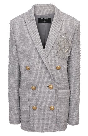 Женский двубортный жакет BALMAIN светло-серого цвета по цене 250500 руб., арт. VF0SH010/XA02 | Фото 1 Женский двубортный жакет BALMAIN светло-серого цвета, арт. VF0SH010/XA02 | Фото 1 (Женское Кросс-КТ: Жакет-одежда; 1-2-бортные: Двубортные; Рукава: Длинные; Длина (для топов): Удлиненные; Стили: Гламурный; Случай: Повседневный; Материал внешний: Синтетический материал; Материал подклада: Вискоза)