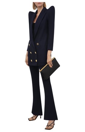 Женские шерстяные брюки BALMAIN темно-синего цвета по цене 95800 руб., арт. VF0PP015/W105 | Фото 2 Женские шерстяные брюки BALMAIN темно-синего цвета, арт. VF0PP015/W105 | Фото 2 (Женское Кросс-КТ: Брюки-одежда; Силуэт Ж (брюки и джинсы): Расклешенные; Материал внешний: Шерсть; Стили: Гламурный; Длина (брюки, джинсы): Стандартные)