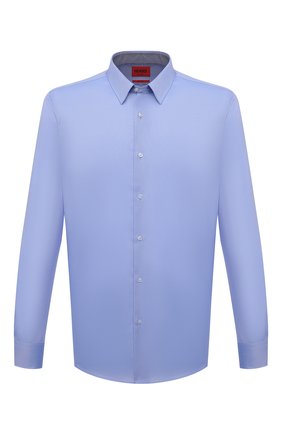 Мужская хлопковая сорочка HUGO голубого цвета, арт. 50453420 | Фото 1 (Случай: Формальный; Рукава: Длинные; Принт: Однотонные; Стили: Классический; Длина (для топов): Стандартные; Манжеты: На пуговицах; Воротник: Кент; Рубашки М: Regular Fit; Материал внешний: Хлопок)