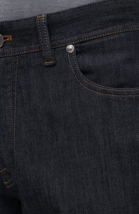 Мужские джинсы с отделкой из кожи каймана BRIONI темно-синего цвета, арт. SPPA0L/P0D08/STELVI0 | Фото 5 (Силуэт М (брюки): Прямые; Кросс-КТ: Деним; Длина (брюки, джинсы): Стандартные; Материал внешний: Хлопок, Деним; Стили: Классический)