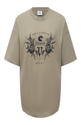 Женская хлопковая футболка VETEMENTS хаки цвета по цене 44050 руб., арт. UA52TR480G 1610/W | Фото 1 Женская хлопковая футболка VETEMENTS хаки цвета, арт. UA52TR480G 1610/W | Фото 1