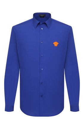 Мужская хлопковая рубашка VERSACE темно-синего цвета, арт. A89273/A232105 | Фото 1 (Рукава: Длинные; Принт: Однотонные; Случай: Повседневный; Стили: Кэжуэл; Манжеты: На пуговицах; Рубашки М: Regular Fit; Материал внешний: Хлопок; Длина (для топов): Стандартные; Воротник: Кент)