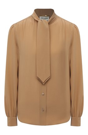 Женская шелковая блузка SAINT LAURENT бежевого цвета по цене 94950 руб., арт. 650235/Y100W | Фото 1 Женская шелковая блузка SAINT LAURENT бежевого цвета, арт. 650235/Y100W | Фото 1 (Женское Кросс-КТ: Блуза-одежда; Рукава: Длинные; Стили: Романтичный; Длина (для топов): Стандартные; Материал внешний: Шелк; Принт: Без принта)