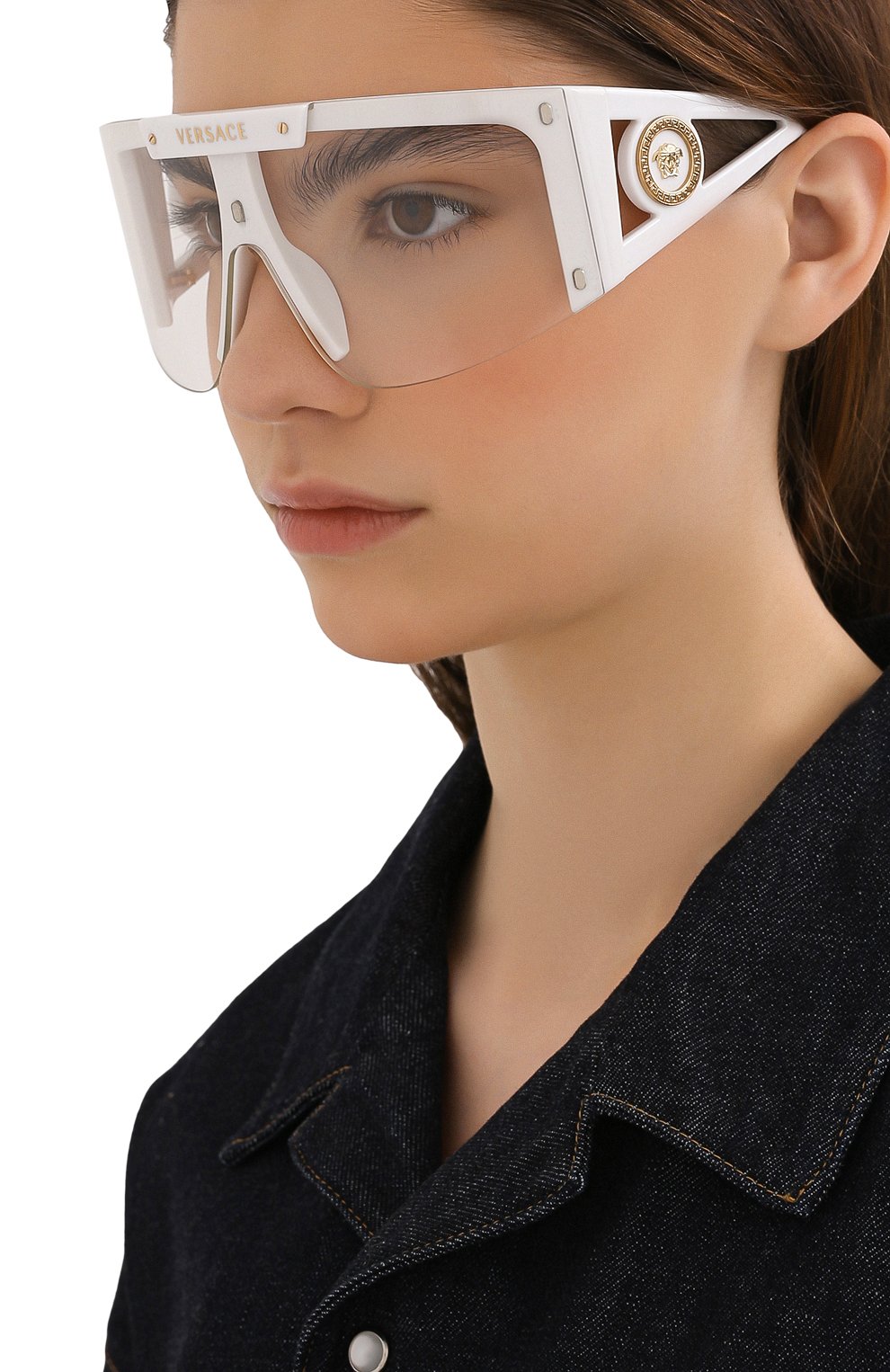 Женские солнцезащитные очки+2 клипона VERSACE белого цвета, арт. 4393-401/1W | Фото 2 (Тип очков: С/з; Очки форма: Маска, Прямоугольные; Оптика Гендер: оптика-женское)