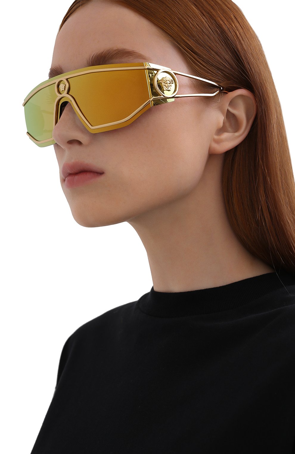 Женские солнцезащитные очки VERSACE золотого цвета, арт. 2226-10027P | Фото 2 (Тип очков: С/з; Очки форма: Маска, D-форма; Оптика Гендер: оптика-унисекс)