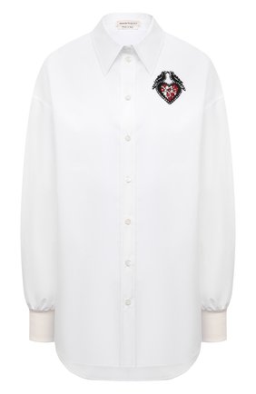 Женская хлопковая рубашка ALEXANDER MCQUEEN белого цвета, арт. 666910/QAAAY | Фото 1 (Длина (для топов): Удлиненные; Материал внешний: Хлопок; Рукава: Длинные; Стили: Гламурный; Женское Кросс-КТ: Рубашка-одежда; Принт: Без принта)