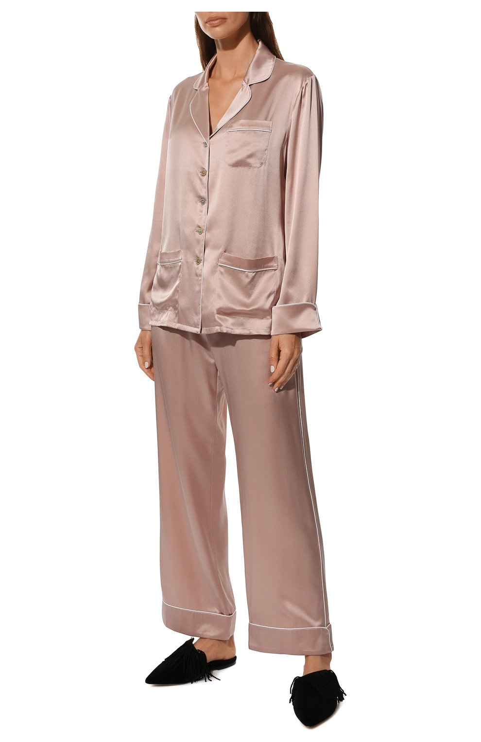 Женская шелковая пижама OLIVIA VON HALLE розового цвета, арт. CT0027 | Фото 2 (Материал внешний: Шелк; Рукава: Длинные; Длина Ж (юбки, платья, шорты): Мини; Длина (брюки, джинсы): Стандартные; Длина (для топов): Стандартные)