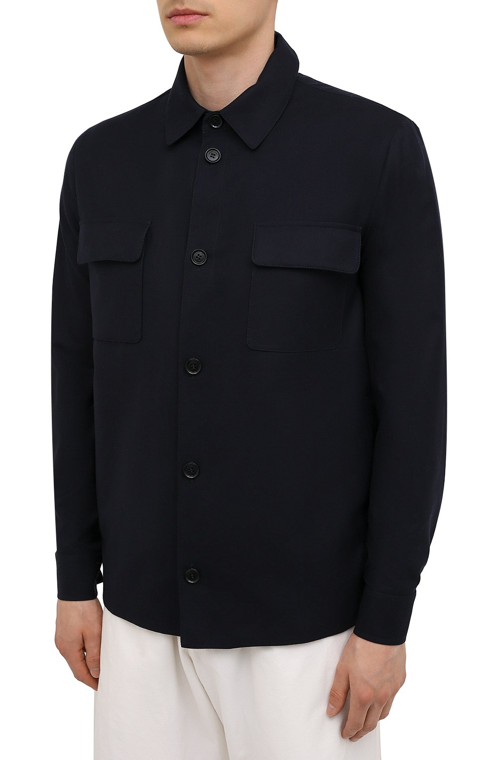 Мужская шерстяная куртка-рубашка LORO PIANA темно-синего цвета, арт. FAL5200 | Фото 3 (Кросс-КТ: Куртка; Мужское Кросс-КТ: шерсть и кашемир; Материал внешний: Шерсть; Материал утеплителя: Шерсть; Рукава: Длинные; Длина (верхняя одежда): Короткие; Стили: Кэжуэл)