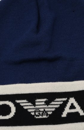 Детского шерстяная шапка EMPORIO ARMANI синего цвета по цене 7460 руб., арт. 404648/1A494 | Фото 3 Детского шерстяная шапка EMPORIO ARMANI синего цвета, арт. 404648/1A494 | Фото 3 (Материал: Шерсть)