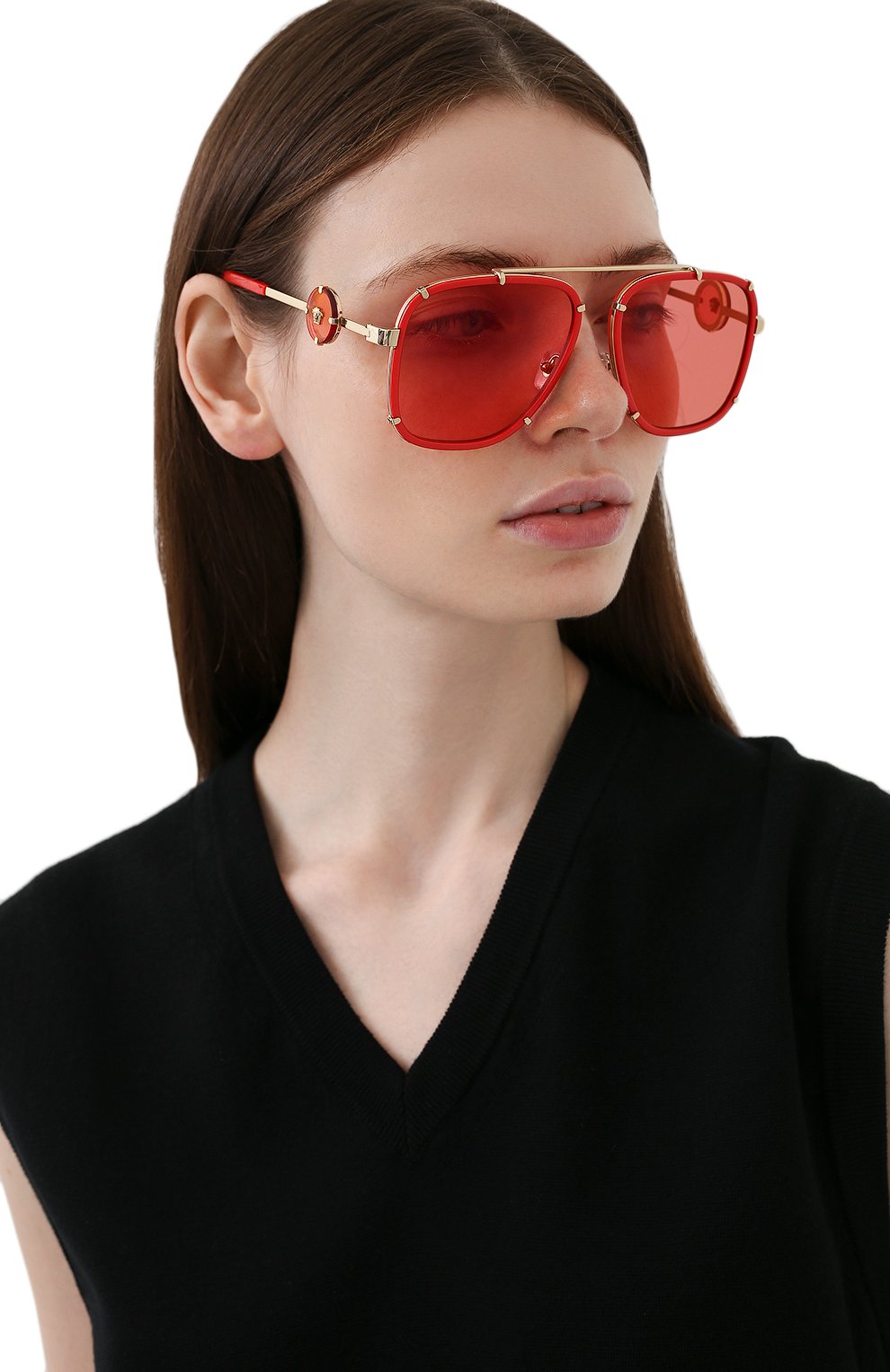 Женские солнцезащитные очки VERSACE красного цвета, арт. 2233-1472C8 | Фото 2 (Тип очков: С/з; Очки форма: Авиаторы)
