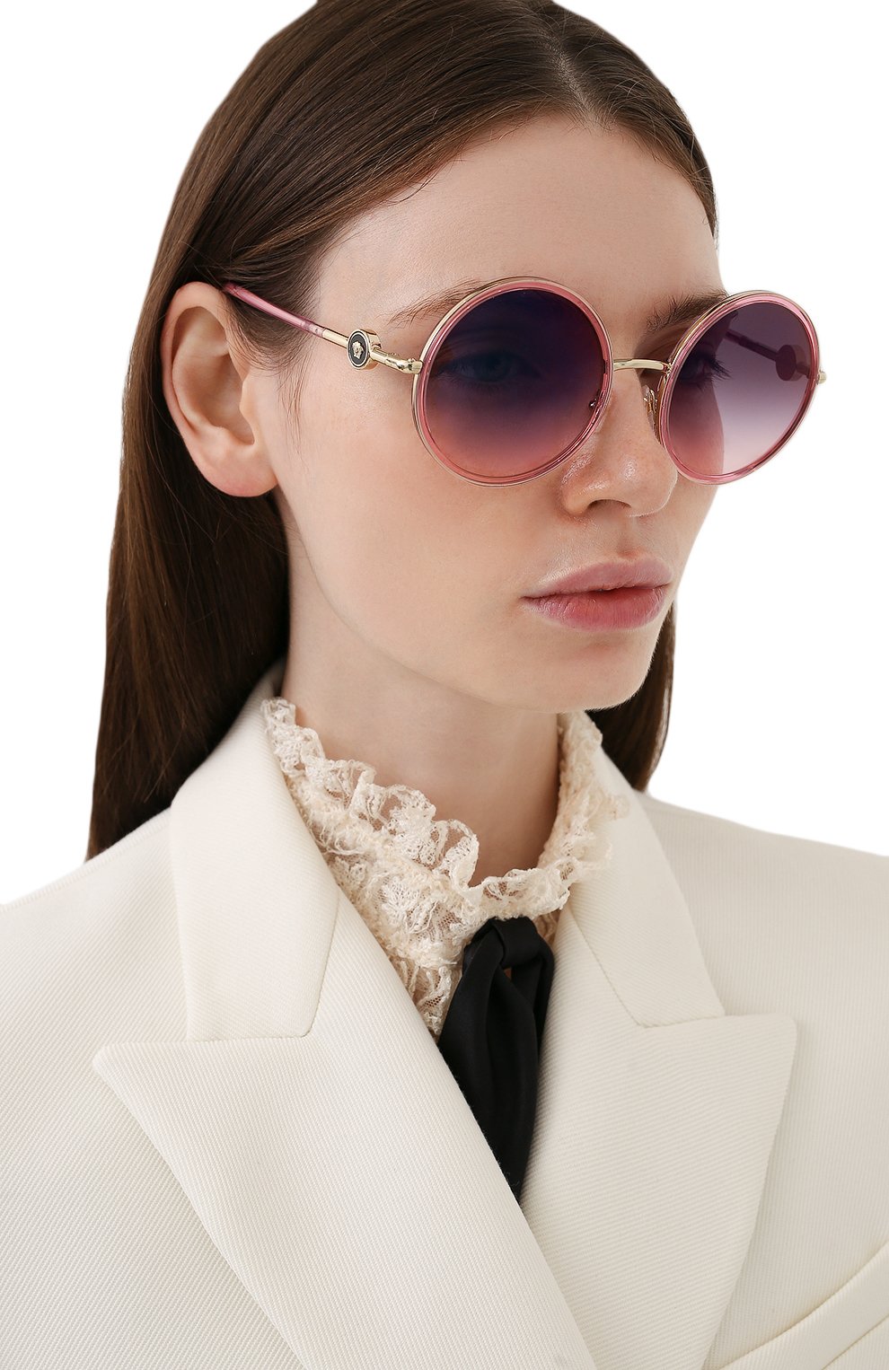 Женские солнцезащитные очки VERSACE розового цвета, арт. 2229-1252H9 | Фото 2 (Тип очков: С/з; Очки форма: Круглые)