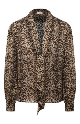 Женская шелковая блузка SAINT LAURENT леопардового цвета, арт. 652907/Y5C26 | Фото 1 (Длина (для топов): Стандартные; Материал внешний: Шелк; Рукава: Длинные; Женское Кросс-КТ: Блуза-одежда; Принт: С принтом; Стили: Гламурный)