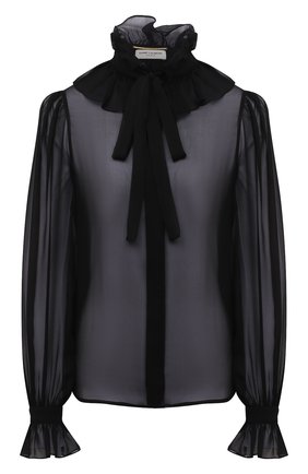 Женская шелковая блузка SAINT LAURENT черного цвета по цене 94950 руб., арт. 650245/Y115W | Фото 1 Женская шелковая блузка SAINT LAURENT черного цвета, арт. 650245/Y115W | Фото 1 (Рукава: Длинные; Длина (для топов): Стандартные; Материал внешний: Шелк; Женское Кросс-КТ: Блуза-одежда; Принт: Без принта; Стили: Романтичный)
