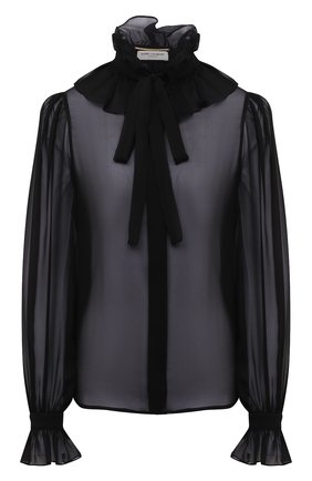 Женская шелковая блузка SAINT LAURENT черного цвета, арт. 650245/Y115W | Фото 1 (Рукава: Длинные; Длина (для топов): Стандартные; Материал внешний: Шелк; Женское Кросс-КТ: Блуза-одежда; Принт: Без принта; Стили: Романтичный)