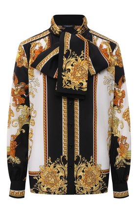 Женская шелковая блузка VERSACE разноцветного цвета по цене 94400 руб., арт. 1001357/1A01171 | Фото 1 Женская шелковая блузка VERSACE разноцветного цвета, арт. 1001357/1A01171 | Фото 1 (Материал внешний: Шелк; Длина (для топов): Стандартные; Женское Кросс-КТ: Блуза-одежда; Рукава: Длинные; Принт: С принтом; Стили: Гламурный)