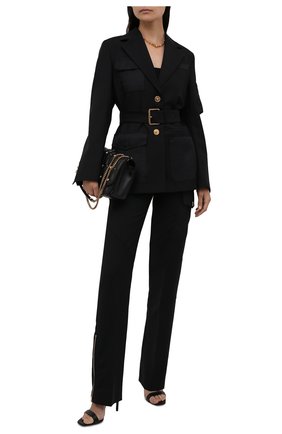 Женский шерстяной жакет VERSACE черного цвета по цене 224500 руб., арт. 1001107/1A00939 | Фото 2 Женский шерстяной жакет VERSACE черного цвета, арт. 1001107/1A00939 | Фото 2 (Материал внешний: Шерсть; Случай: Повседневный; Стили: Кэжуэл; Материал подклада: Купро; 1-2-бортные: Однобортные; Рукава: Длинные; Женское Кросс-КТ: Жакет-одежда; Длина (для топов): Удлиненные)
