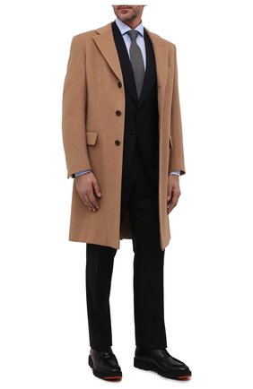 Мужской шерстяное пальто BRIONI бежевого цвета, арт. R07N0N/07333 | Фото 2 (Материал внешний: Шерсть; Длина (верхняя одежда): До колена; Рукава: Длинные; Стили: Кэжуэл; Материал подклада: Купро; Мужское Кросс-КТ: пальто-верхняя одежда)