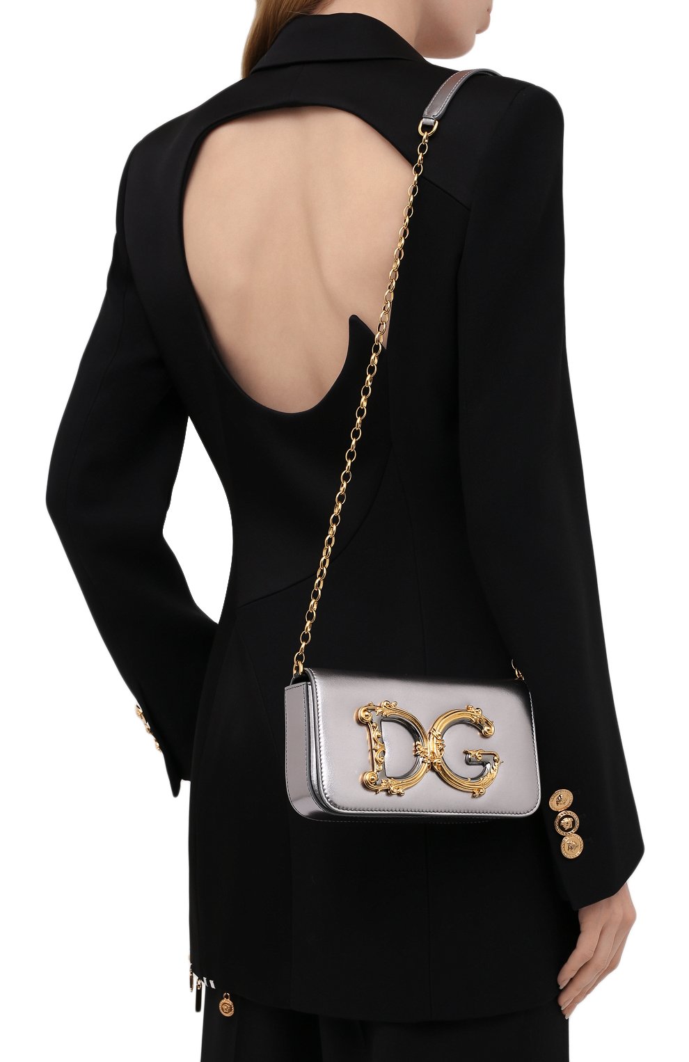 Женская сумка dg girls DOLCE & GABBANA серебряного цвета, арт. BB6885/AW121 | Фото 2 (Женское Кросс-КТ: Вечерняя сумка; Сумки-технические: Сумки через плечо; Ремень/цепочка: С цепочкой; Материал: Натуральная кожа; Размер: mini)
