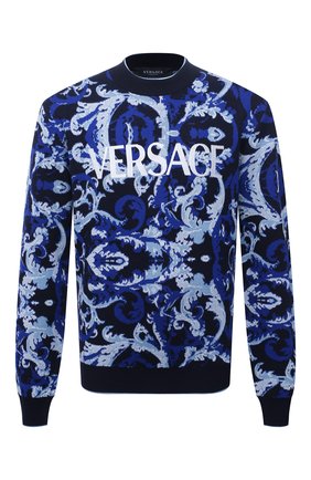 Мужской шерстяной свитер VERSACE синего цвета по цене 85750 руб., арт. 1001161/1A00790 | Фото 1 Мужской шерстяной свитер VERSACE синего цвета, арт. 1001161/1A00790 | Фото 1