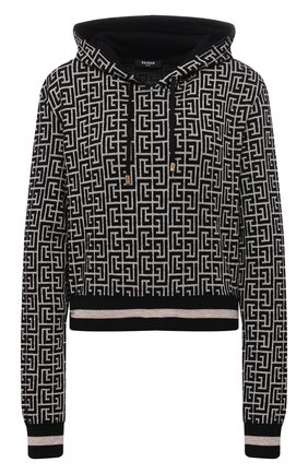 Женский худи из шерсти и льна BALMAIN черно-белого цвета по цене 125000 руб., арт. WF1JP005/K256 | Фото 1 Женский худи из шерсти и льна BALMAIN черно-белого цвета, арт. WF1JP005/K256 | Фото 1 (Длина (для топов): Стандартные; Материал внешний: Лен, Шерсть; Женское Кросс-КТ: Худи-одежда; Стили: Спорт-шик; Рукава: Длинные)