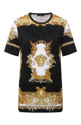 Женская хлопковая футболка VERSACE разноцветного цвета по цене 47800 руб., арт. 1001532/1A01181 | Фото 1 Женская хлопковая футболка VERSACE разноцветного цвета, арт. 1001532/1A01181 | Фото 1 (Длина (для топов): Стандартные; Материал внешний: Хлопок; Рукава: Короткие; Женское Кросс-КТ: Футболка-одежда; Принт: С принтом; Стили: Гламурный)