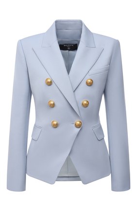 Женский шерстяной жакет BALMAIN светло-голубого цвета по цене 173000 руб., арт. WF1SG000/167L | Фото 1 Женский шерстяной жакет BALMAIN светло-голубого цвета, арт. WF1SG000/167L | Фото 1 (Материал внешний: Шерсть; Длина (для топов): Стандартные; Случай: Повседневный; Женское Кросс-КТ: Жакет-одежда; Рукава: Длинные; Материал подклада: Вискоза; 1-2-бортные: Двубортные; Стили: Гламурный)