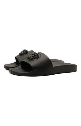 Мужские кожаные шлепанцы VERSACE черного цвета по цене 33950 руб., арт. 1001184/DV46G | Фото 1 Мужские кожаные шлепанцы VERSACE черного цвета, арт. 1001184/DV46G | Фото 1