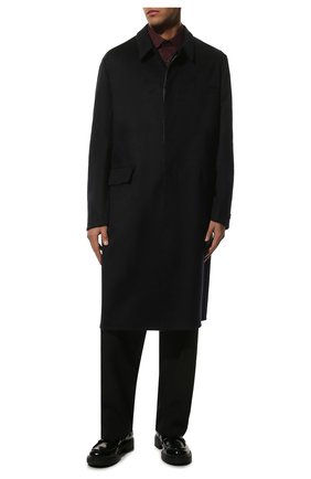 Мужской кашемировое пальто PRADA темно-синего цвета, арт. UC466X-1YE6-F0008-211 | Фото 2 (Материал внешний: Шерсть, Кашемир; Длина (верхняя одежда): До колена; Рукава: Длинные; Мужское Кросс-КТ: пальто-верхняя одежда; Стили: Классический)
