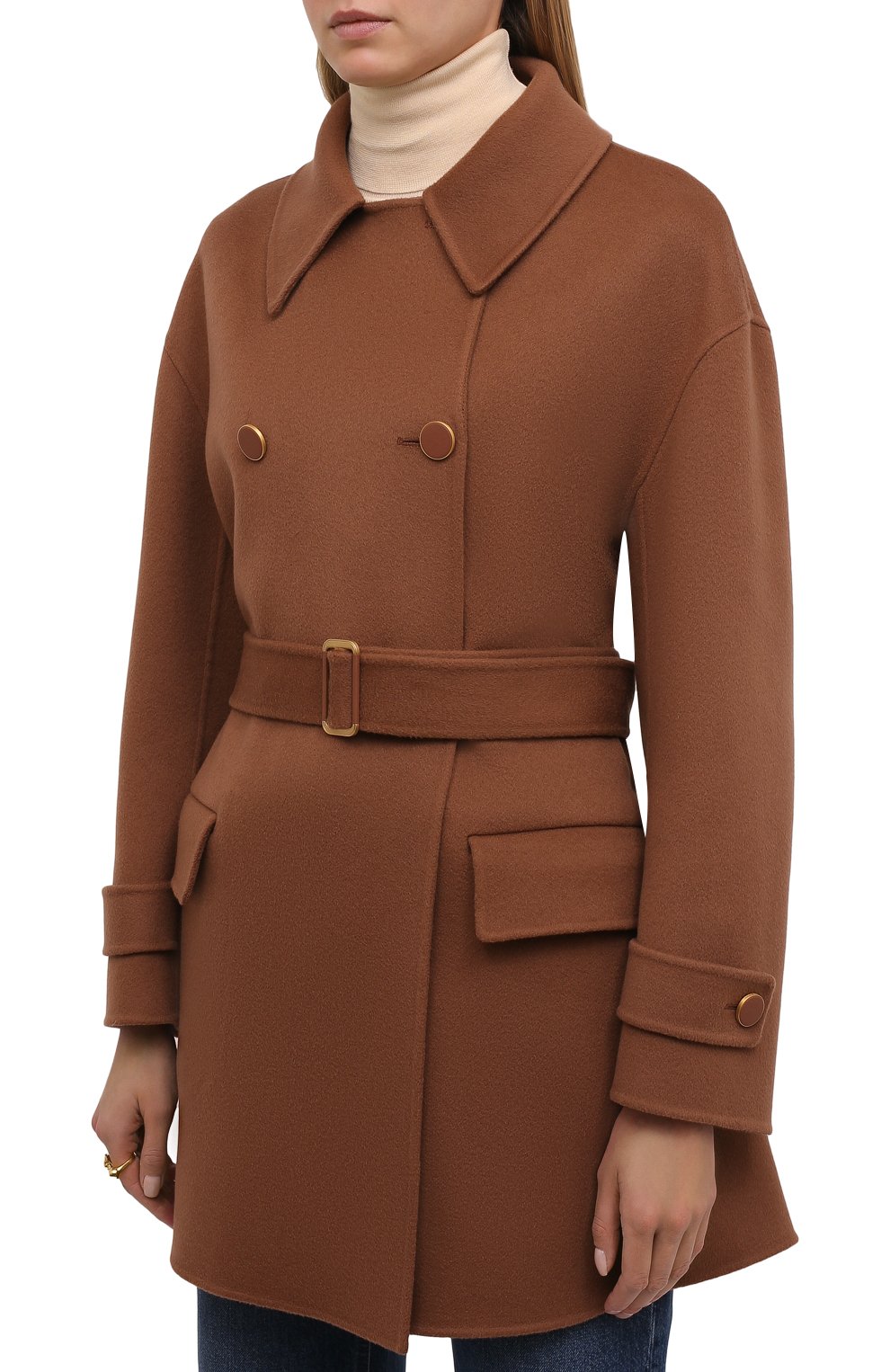 Женское кашемировое пальто LORO PIANA коричневого цвета, арт. FAL7572 | Фото 3 (Материал внешний: Шерсть, Кашемир; Рукава: Длинные; Длина (верхняя одежда): До середины бедра; 1-2-бортные: Двубортные; Стили: Кэжуэл)