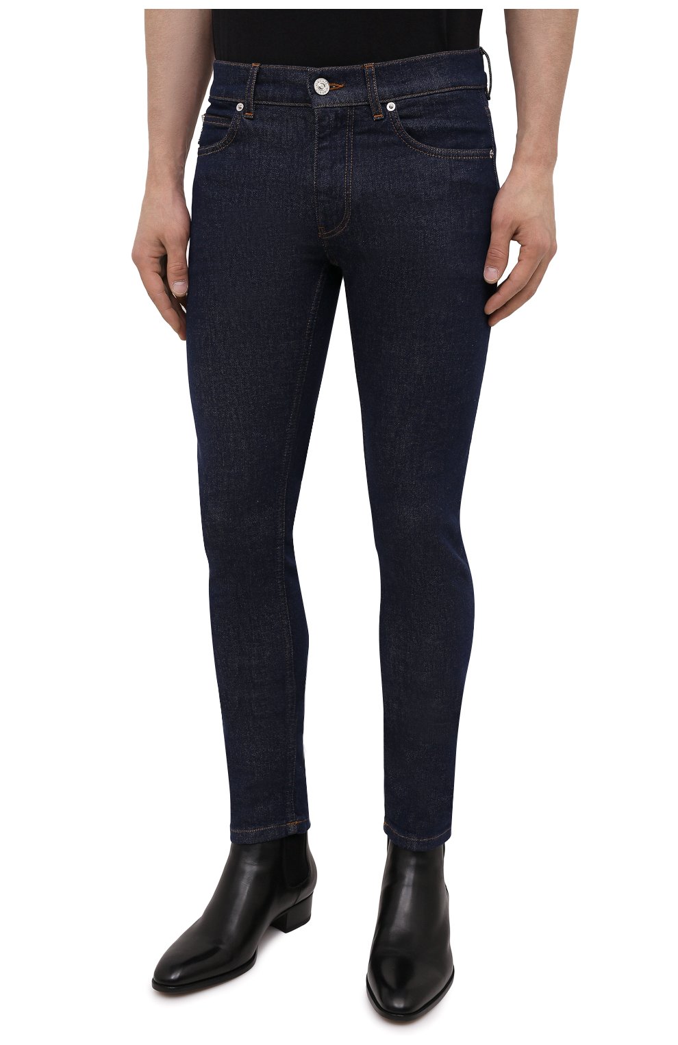Мужские джинсы VERSACE темно-синего цвета, арт. 1000568/1A00909 | Фото 3 (Силуэт М (брюки): Узкие; Кросс-КТ: Деним; Длина (брюки, джинсы): Стандартные; Стили: Гранж; Материал внешний: Хлопок, Деним)