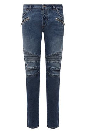 Мужские джинсы BALMAIN синего цвета, арт. WH1MH005/031D | Фото 1 (Длина (брюки, джинсы): Стандартные; Материал внешний: Хлопок, Деним; Силуэт М (брюки): Прямые; Детали: Потертости; Стили: Гранж; Кросс-КТ: Деним)