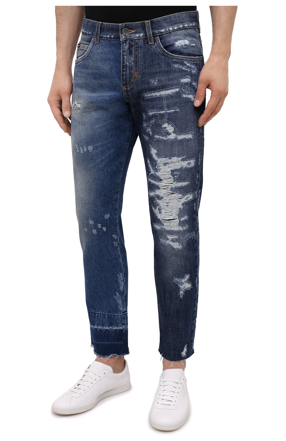 Мужские джинсы DOLCE & GABBANA синего цвета, арт. GYJCCD/G8EM2 | Фото 3 (Силуэт М (брюки): Прямые; Кросс-КТ: Деним; Длина (брюки, джинсы): Стандартные; Стили: Гранж; Материал внешний: Хлопок; Детали: Потертости)