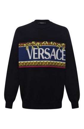 Мужской свитер из хлопка и шерсти VERSACE темно-синего цвета по цене 47450 руб., арт. 1001335/1A00980 | Фото 1 Мужской свитер из хлопка и шерсти VERSACE темно-синего цвета, арт. 1001335/1A00980 | Фото 1