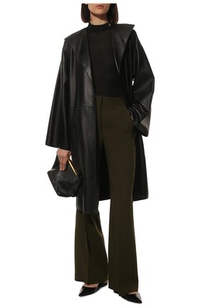 Женское кожаное пальто LOEWE черного цвета, арт. S359Y18L10 | Фото 2 (Длина (верхняя одежда): До колена; Рукава: Длинные; Стили: Гламурный; Материал внешний: Натуральная кожа; 1-2-бортные: Однобортные)