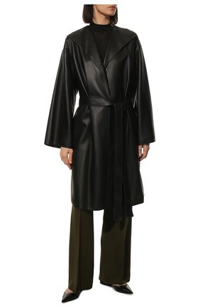 Женское кожаное пальто LOEWE черного цвета, арт. S359Y18L10 | Фото 3 (Рукава: Длинные; Стили: Гламурный; Длина (верхняя одежда): До колена; 1-2-бортные: Однобортные; Материал внешний: Натуральная кожа)