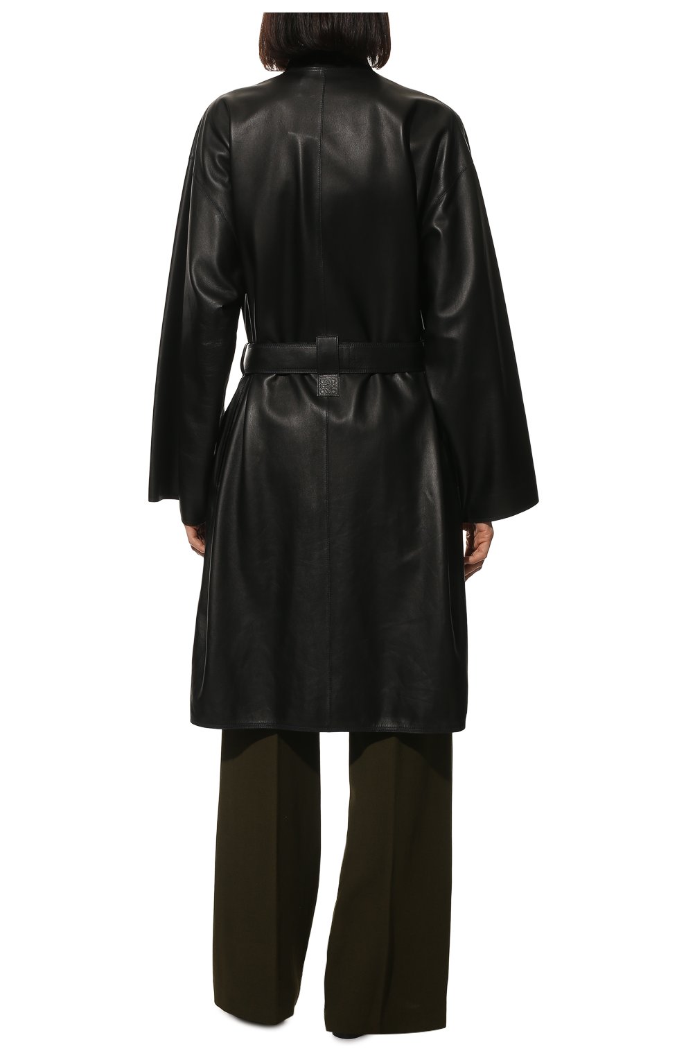 Женское кожаное пальто LOEWE черного цвета, арт. S359Y18L10 | Фото 4 (Рукава: Длинные; Стили: Гламурный; Длина (верхняя одежда): До колена; 1-2-бортные: Однобортные; Материал внешний: Натуральная кожа)