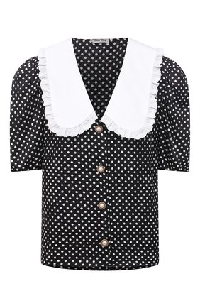 Женская шелковая блузка MIU MIU черно-белого цвета, арт. MK1579-X9H-F0967 | Фото 1 (Материал внешний: Шелк; Стили: Романтичный; Женское Кросс-КТ: Блуза-одежда; Рукава: Короткие; Длина (для топов): Стандартные; Принт: С принтом)