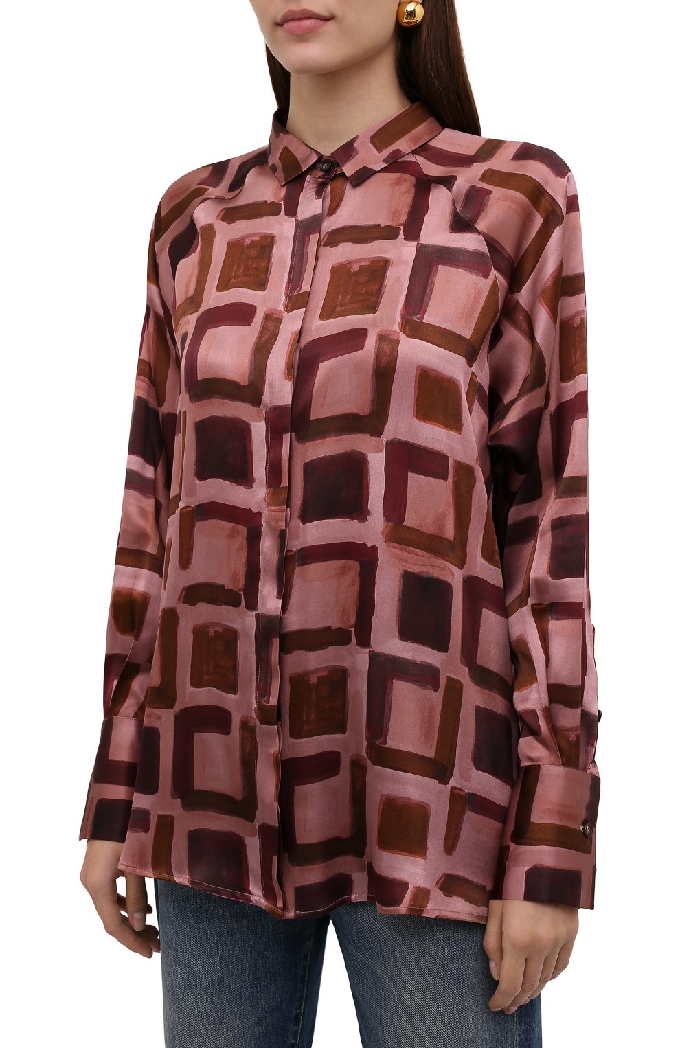 Женская шелковая рубашка KITON темно-розового цвета, арт. D52401K0591A | Фото 3 (Материал внешний: Шелк; Рукава: Длинные; Женское Кросс-КТ: Рубашка-одежда; Длина (для топов): Стандартные; Принт: С принтом; Стили: Кэжуэл)