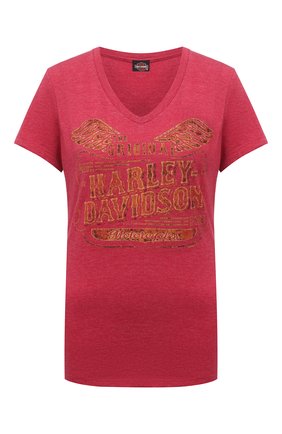 Женская хлопковая футболка exclusive for moscow HARLEY-DAVIDSON красного цвета, арт. R004108 | Фото 1 (Материал внешний: Хлопок; Длина (для топов): Стандартные; Рукава: Короткие; Принт: С принтом; Стили: Гранж; Женское Кросс-КТ: Футболка-одежда)
