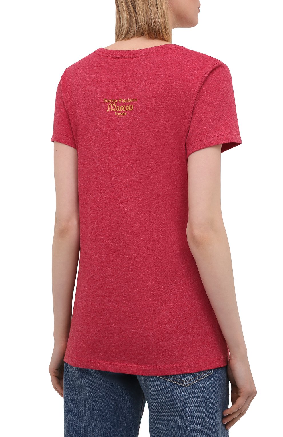 Женская хлопковая футболка exclusive for moscow HARLEY-DAVIDSON красного цвета, арт. R004108 | Фото 4 (Рукава: Короткие; Длина (для топов): Стандартные; Стили: Гранж; Принт: С принтом; Материал внешний: Хлопок; Женское Кросс-КТ: Футболка-одежда)