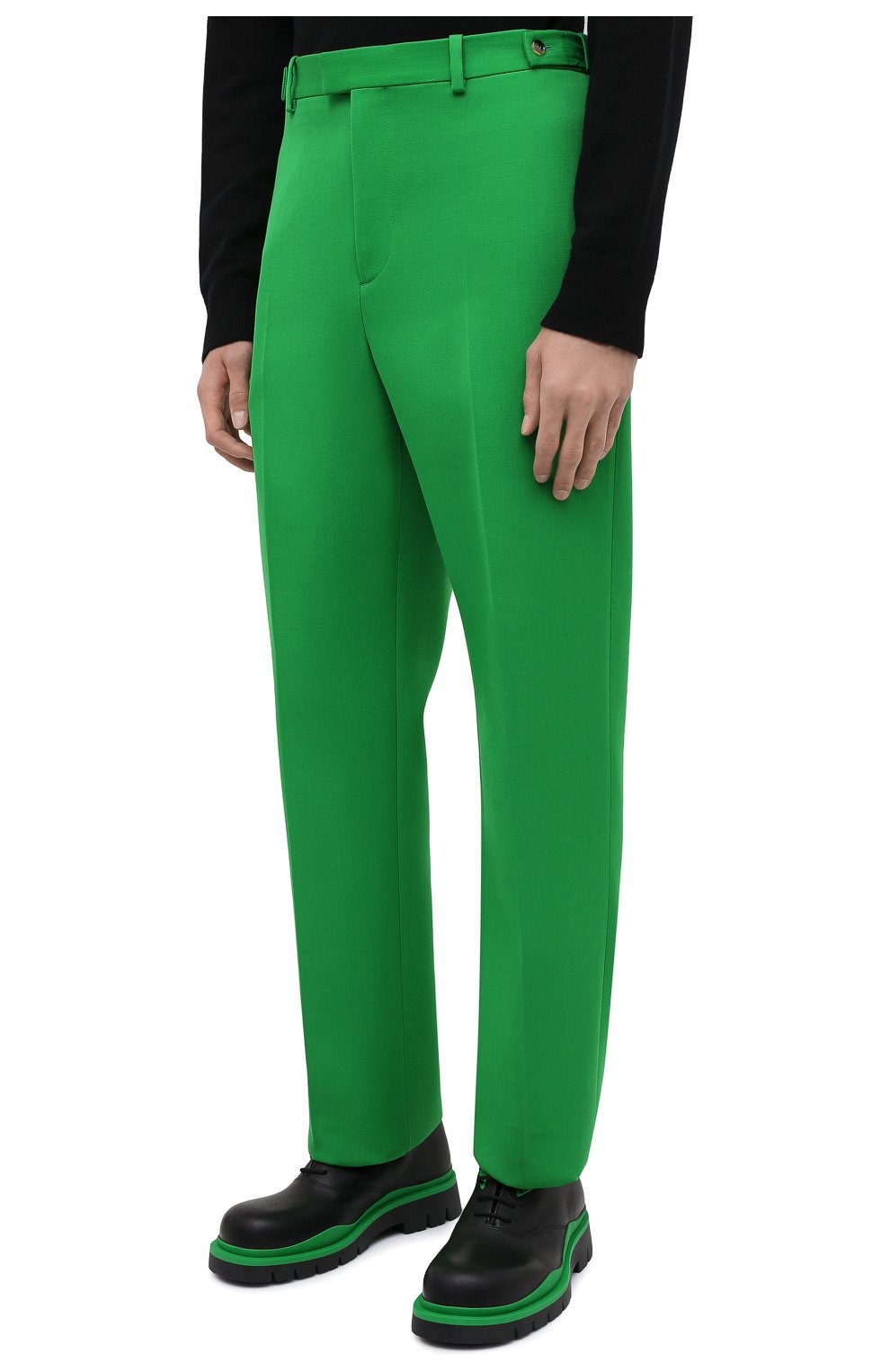 Мужские шерстяные брюки BOTTEGA VENETA зеленого цвета, арт. 659698/VKIV0 | Фото 3 (Материал внешний: Шерсть; Длина (брюки, джинсы): Стандартные; Случай: Повседневный; Стили: Минимализм)