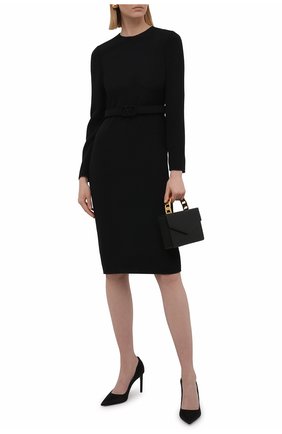 Женское платье из шерсти и шелка VALENTINO черного цвета по цене 241000 руб., арт. WB3VAWA06BS | Фото 2 Женское платье из шерсти и шелка VALENTINO черного цвета, арт. WB3VAWA06BS | Фото 2 (Материал подклада: Вискоза; Рукава: Длинные; Длина Ж (юбки, платья, шорты): До колена; Материал внешний: Шерсть; Случай: Формальный; Женское Кросс-КТ: Платье-одежда, платье-футляр; Стили: Гламурный)